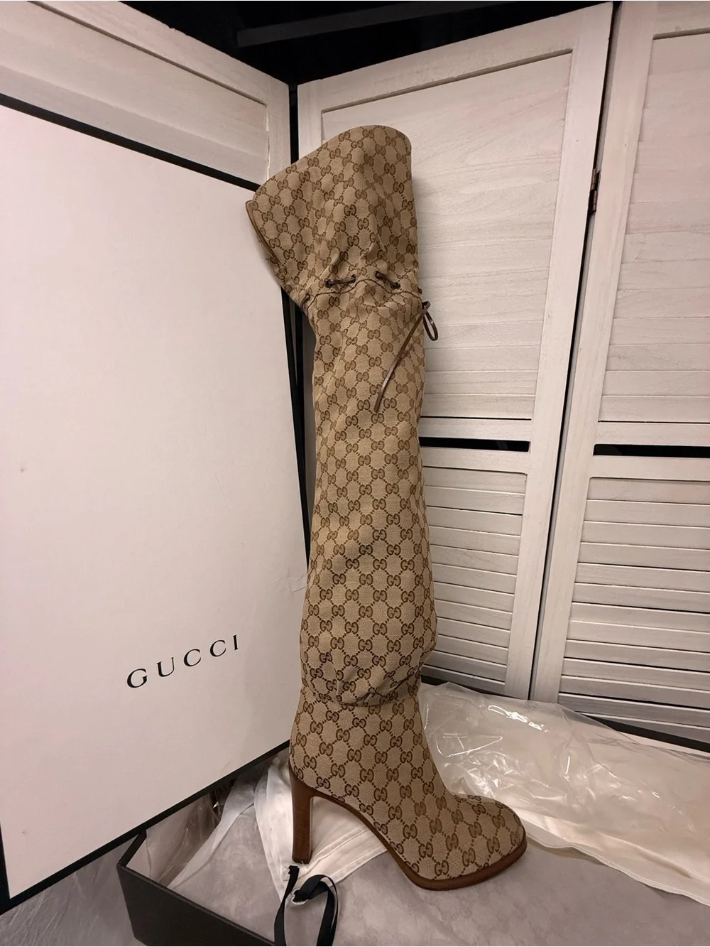 Gucci Lisa Monogram Canvas Thigh High Boots